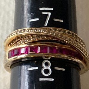 RM rhinestone and red CZ gems crossovers on vermeil sterling silver ring